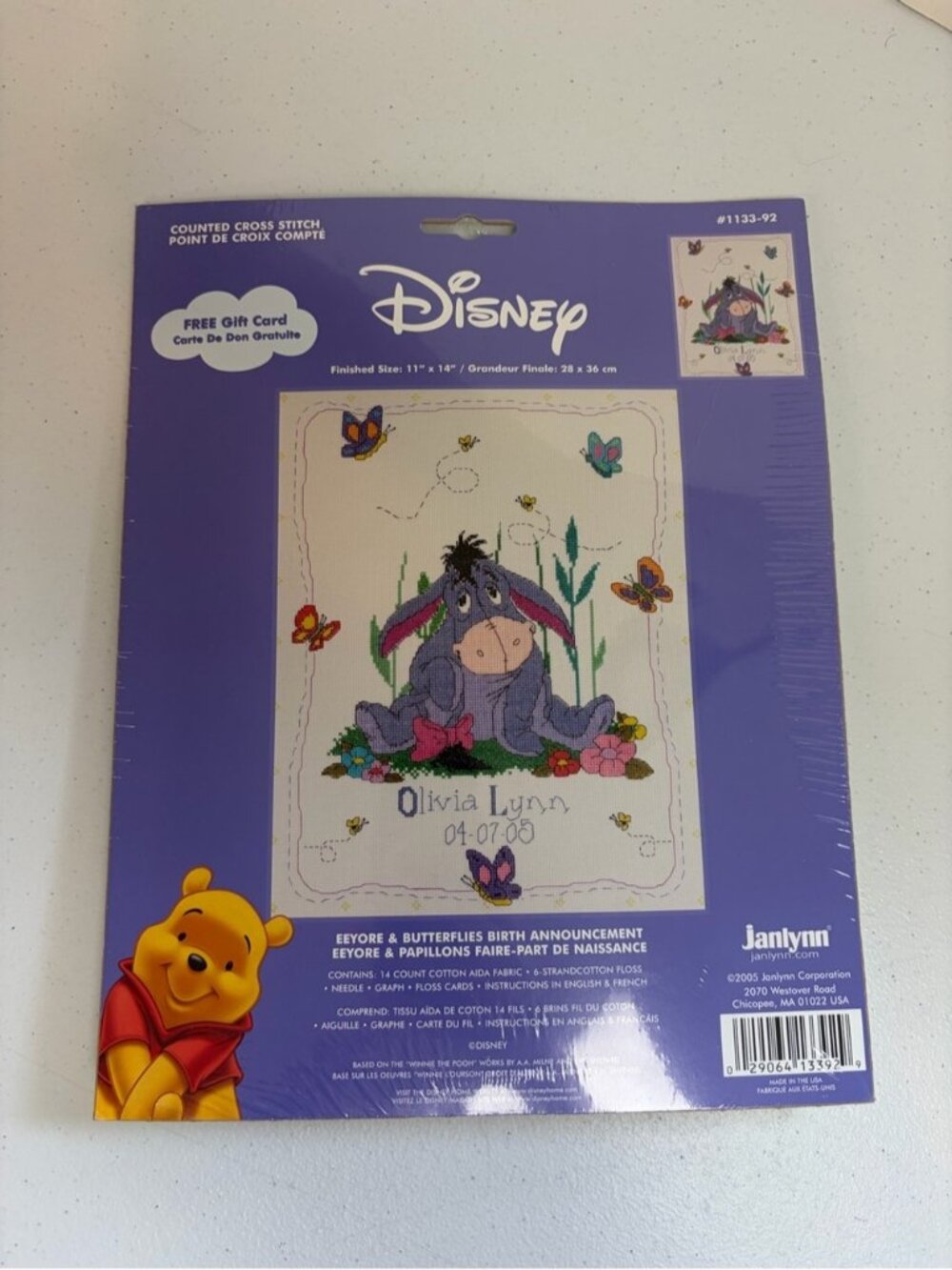 Janlynn Cross Stitch Kit, Winnie The Pooh Eeyore Birth Announcement RARE NOS NIP